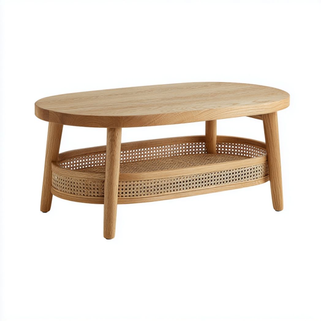 Table basse ovale à deux niveaux en bois marron clair et rotin