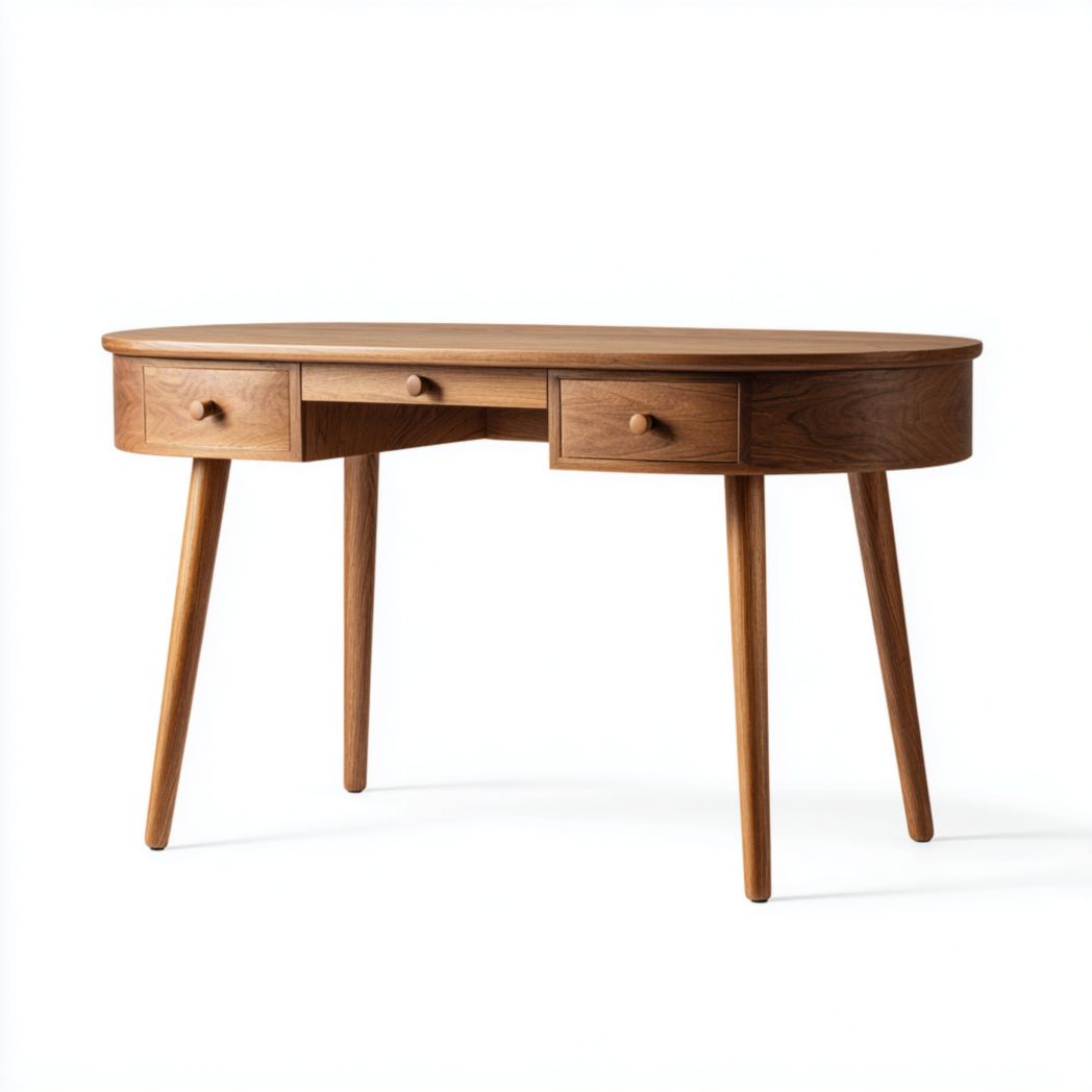 Bureau ovale en bois massif brun foncé à trois tiroirs