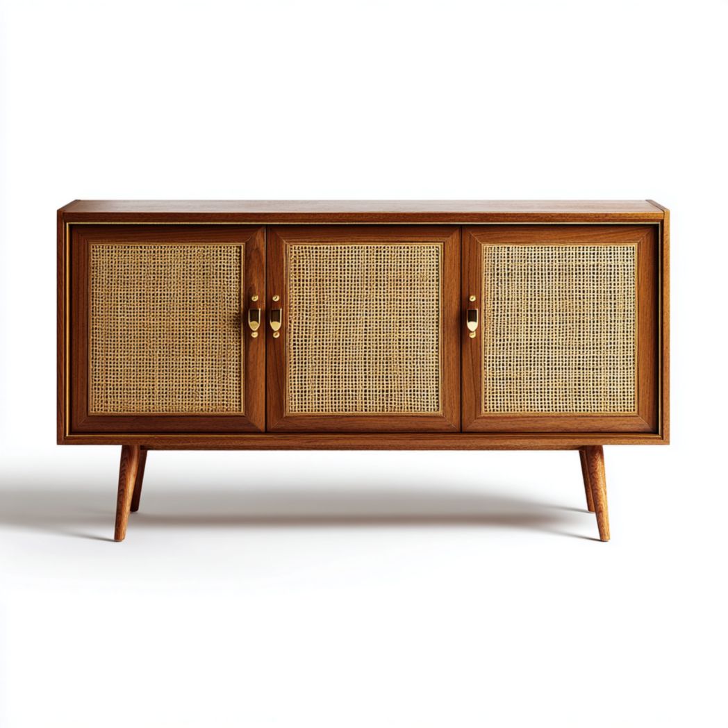 Buffet en rotin brun foncé à trois portes avec poignées en cuivre et pieds fuselés en bois