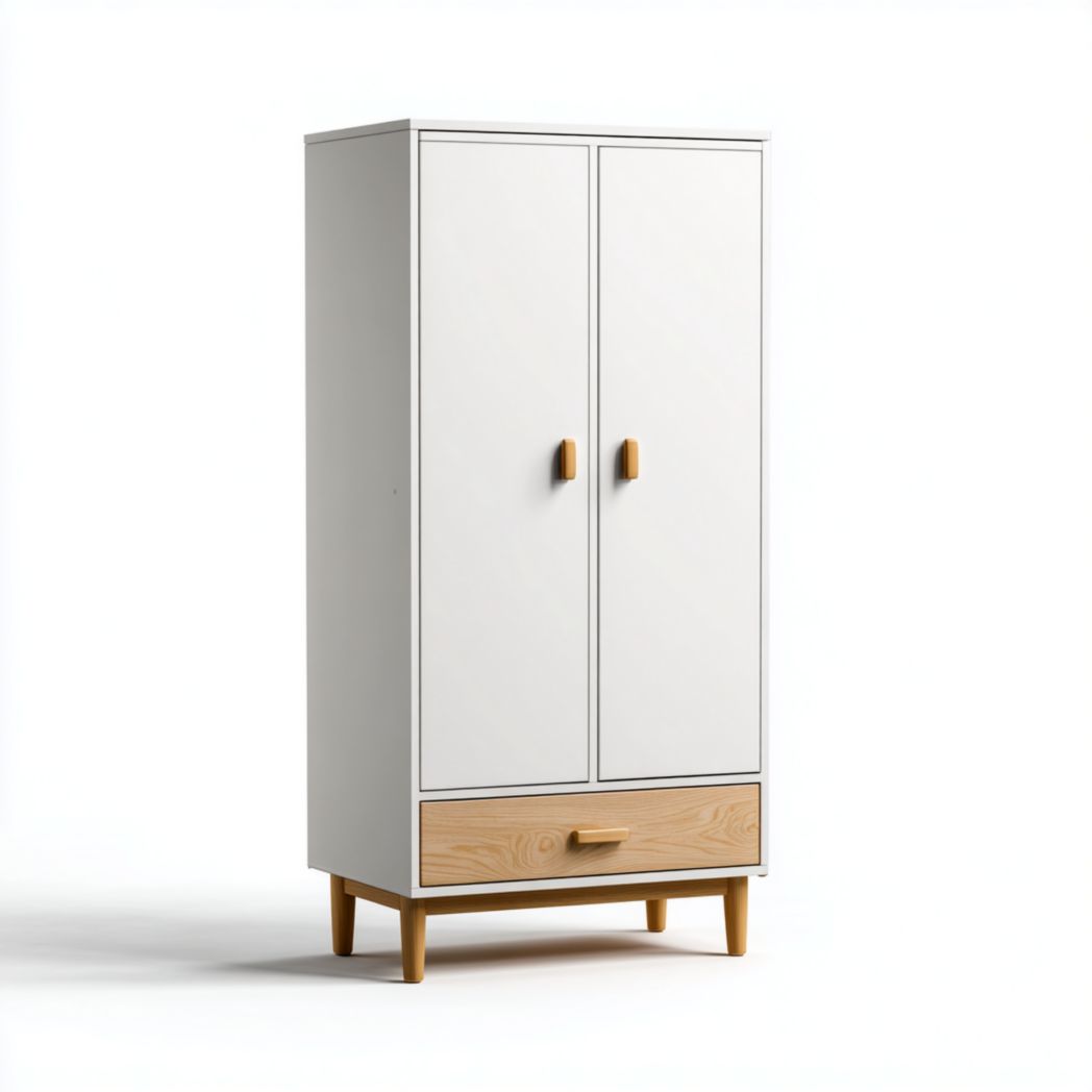 Armoire blanche à deux portes avec tiroirs et pieds ronds en bois massif