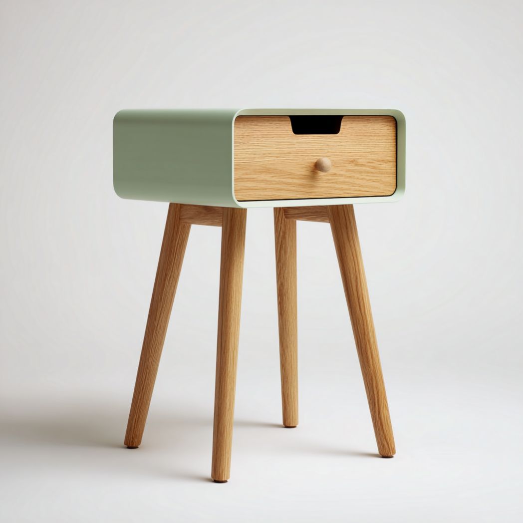 Table de chevet bicolore vert clair et brun clair en bois avec coins arrondis et tiroir unique