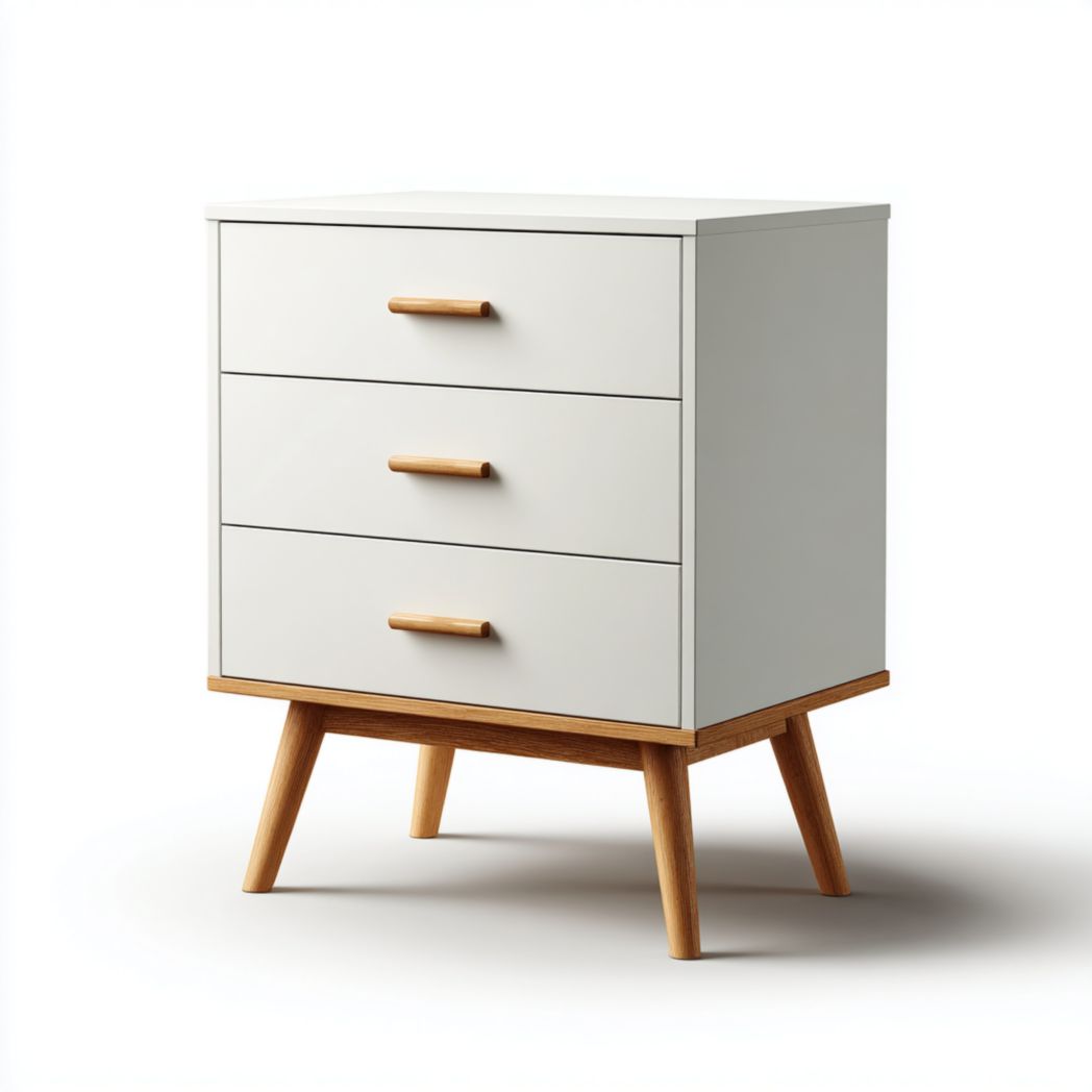 Commode en bois blanche à trois tiroirs avec pieds et poignées en chêne