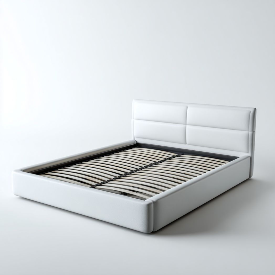 Cadre de lit en similicuir blanc avec tête de lit rembourrée et lattes marron clair