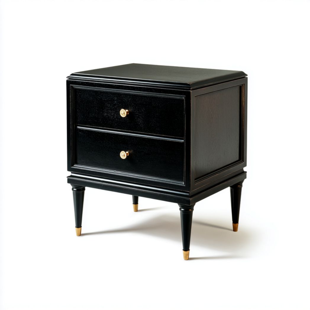 Table de chevet carrée en bois noir avec deux tiroirs et poignées dorées en métal