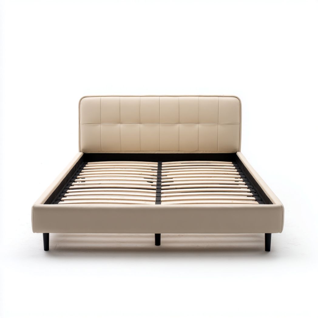 Cadre de lit en similicuir beige avec tête de lit matelassée et lattes marron clair
