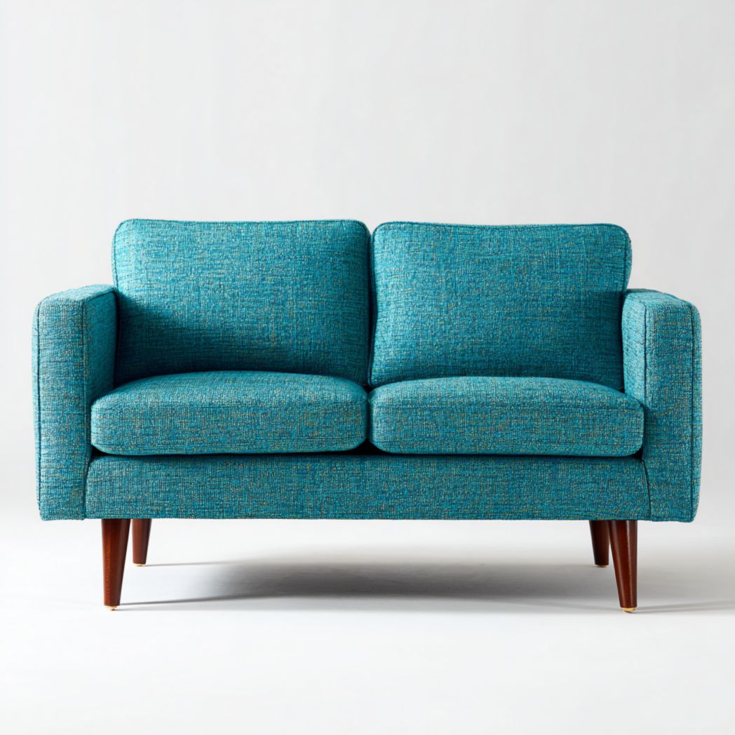 Canapé 2 places en tissu bleu-vert, structure en bois et pieds coniques en bois massif