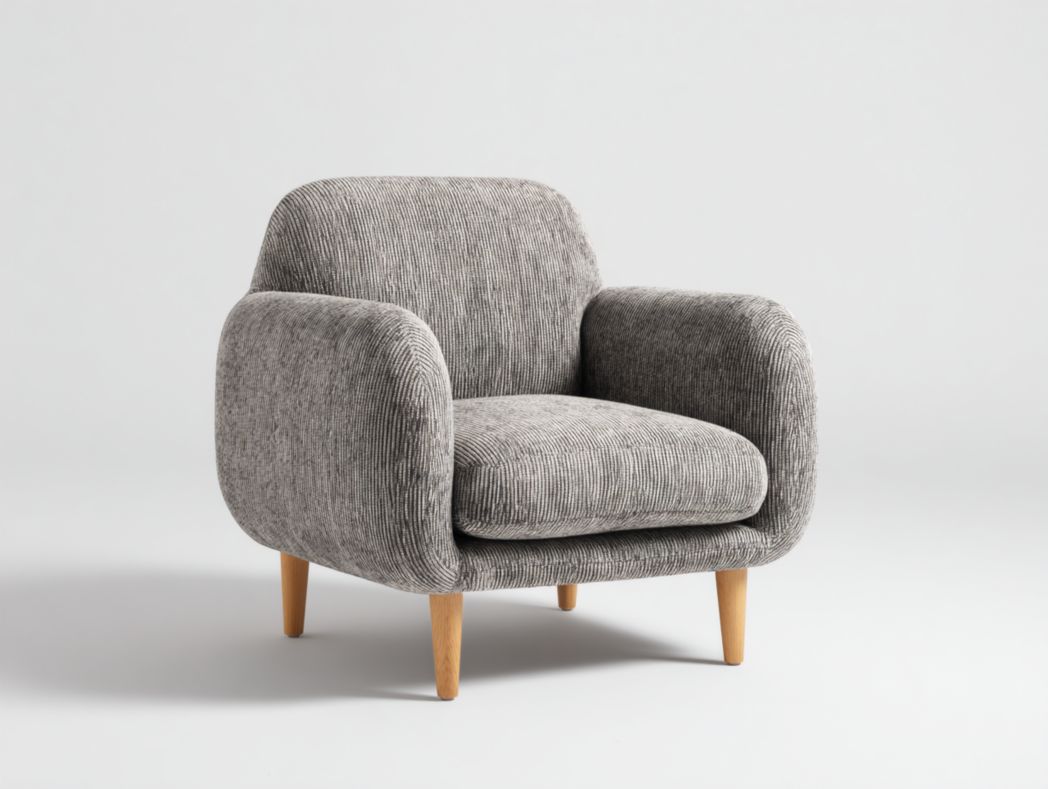 Fauteuil rond en velours côtelé gris clair avec pieds en bois massif