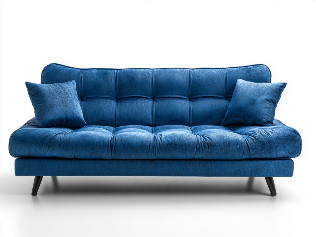 Canapé 3 places en velours bleu, structure et pieds en métal, avec deux coussins bleus