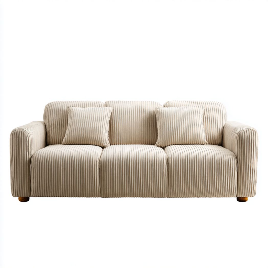 Canapé 3 places en velours côtelé beige avec 2 coussins beige et pieds ronds en bois brun clair