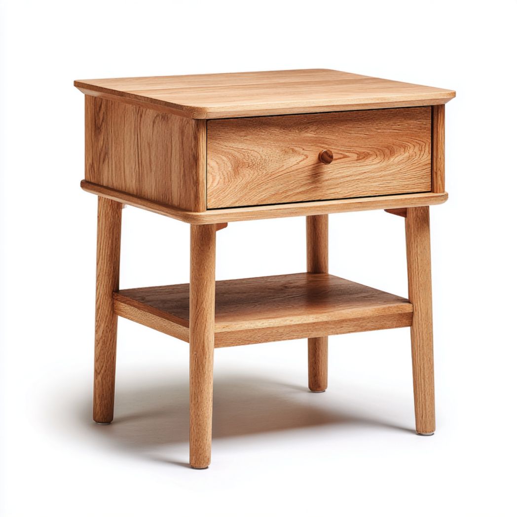 Table de chevet carrée en bois massif brun clair avec tiroir et étagère inférieure