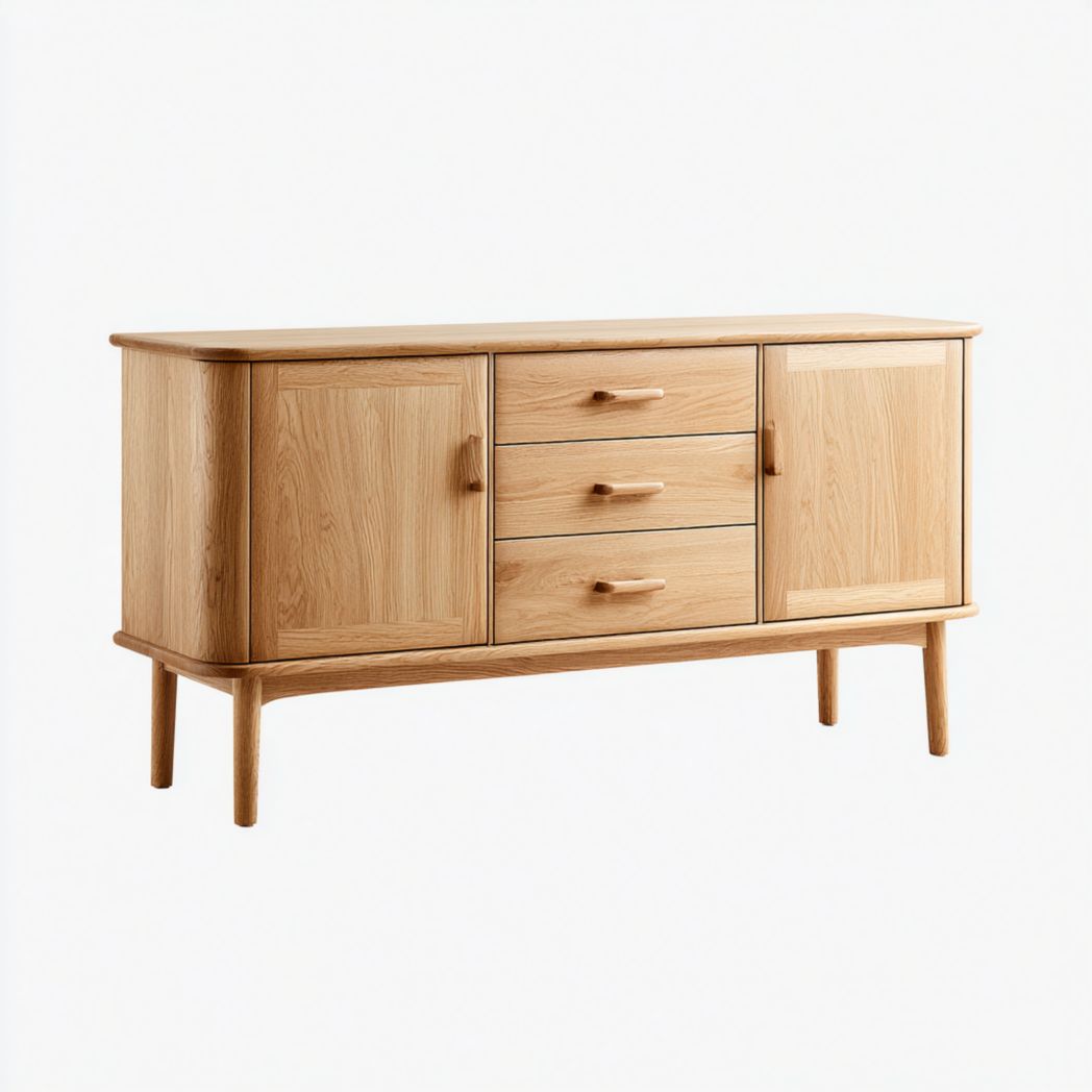 Buffet en bois à deux portes et trois tiroirs légèrement décoré avec cadre d'angle arrondi et pieds cylindriques en bois