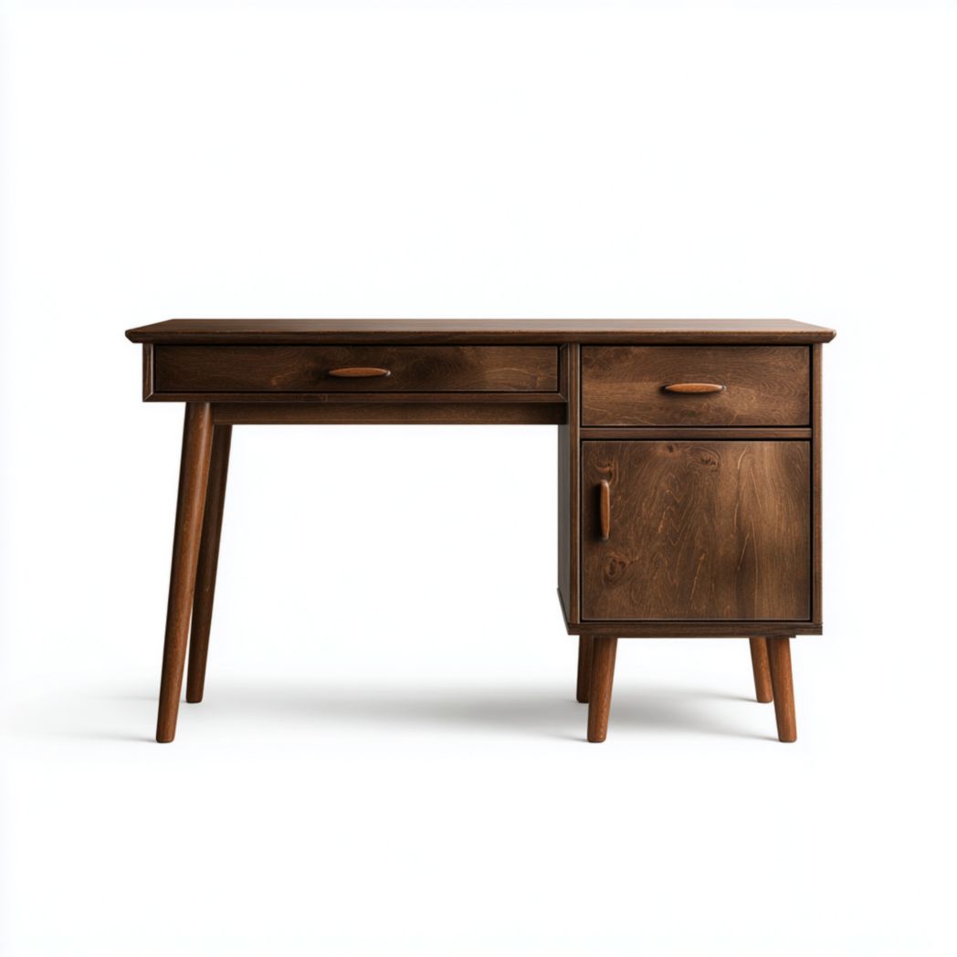 Bureau rectangulaire en bois massif brun foncé avec tiroirs et compartiment latéral