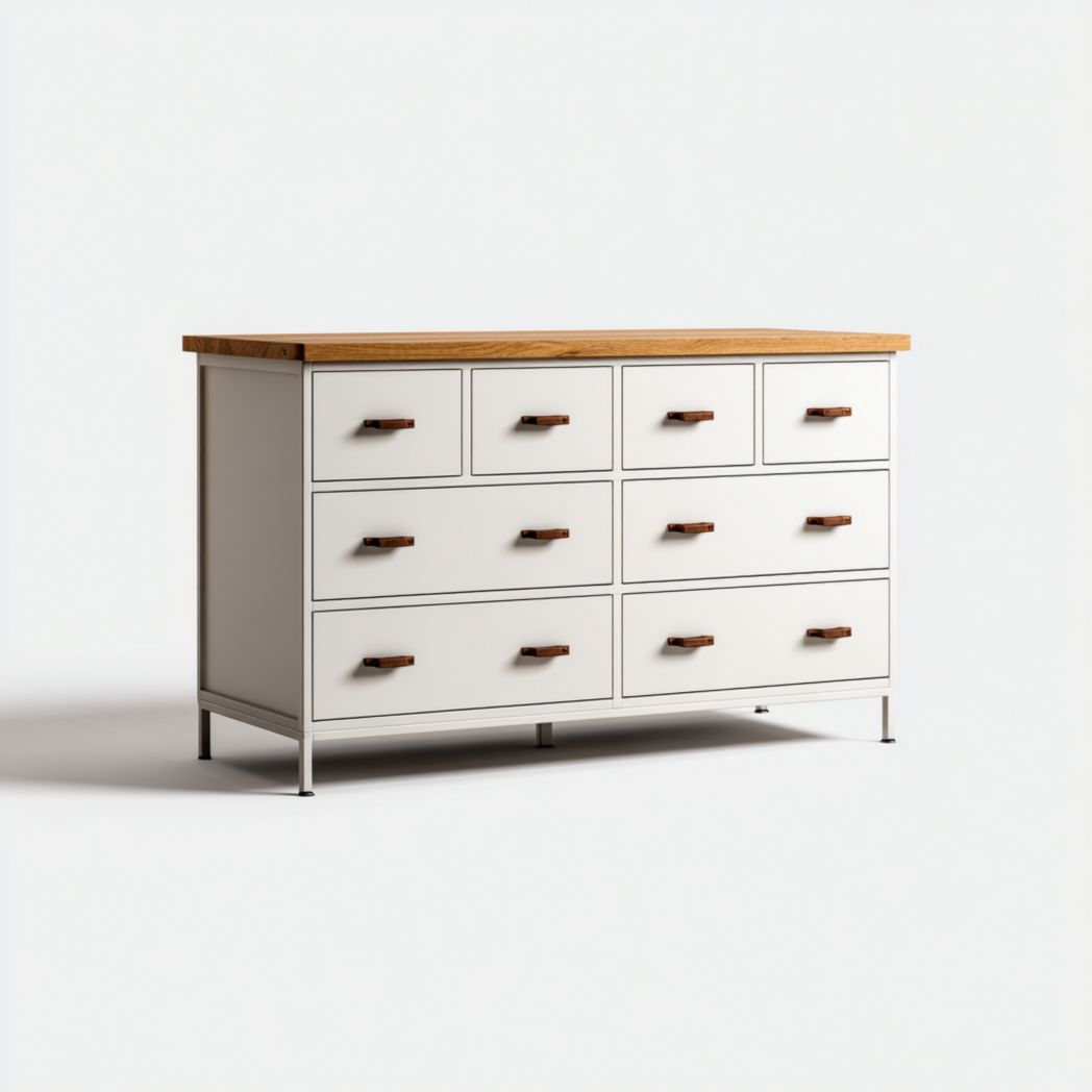 Commode blanche à huit tiroirs avec plateau brun clair, poignées beige clair et pieds métalliques