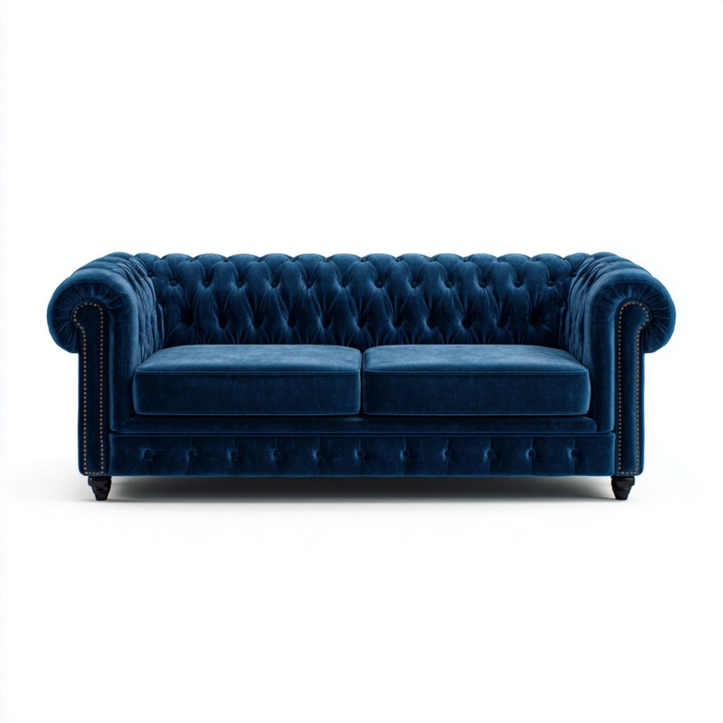 Canapé 3 places en velours bleu avec accoudoirs roulés, dossier capitonné et pieds en bois brun