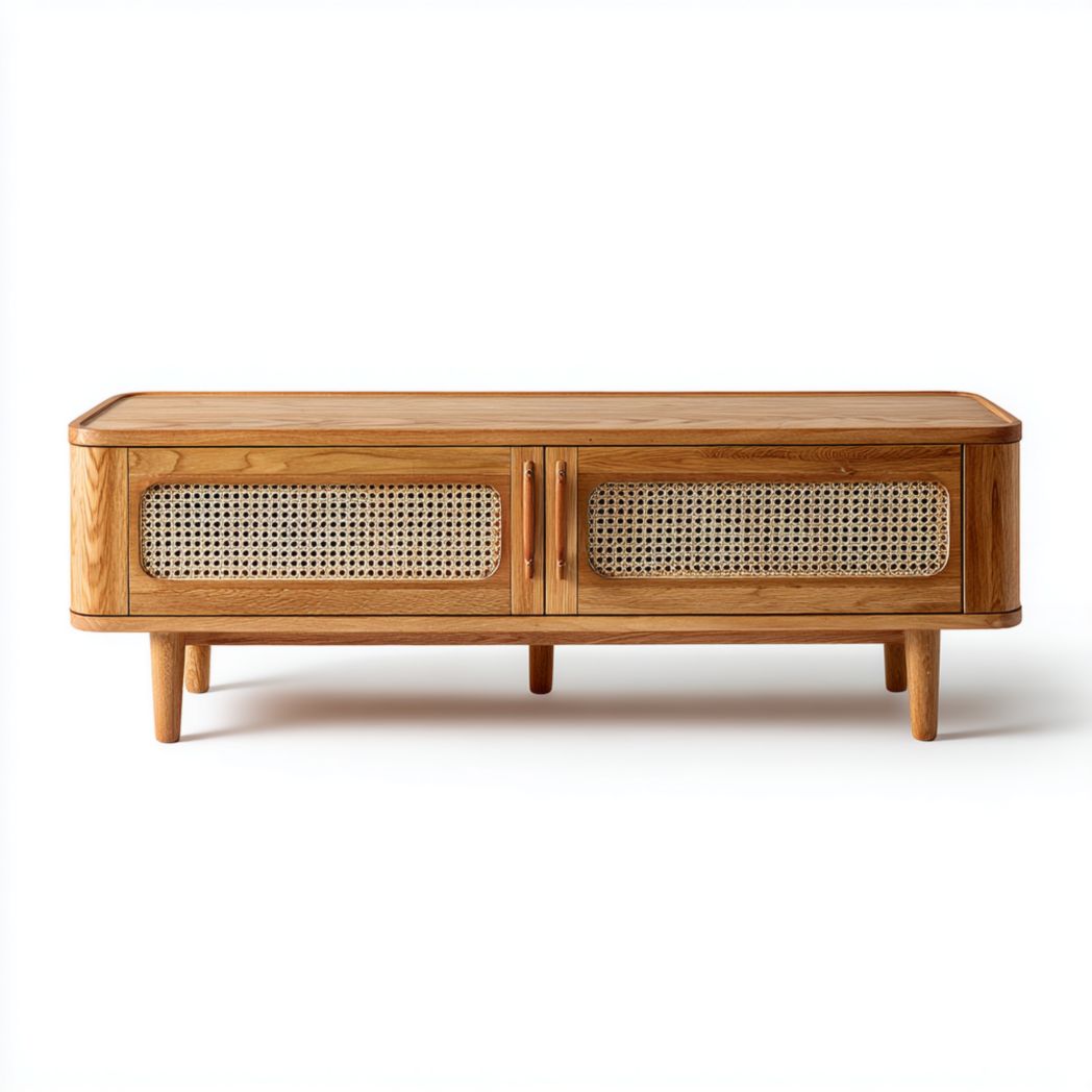 Meuble TV long en chêne clair avec portes en rotin tressé et poignées rondes en bois
