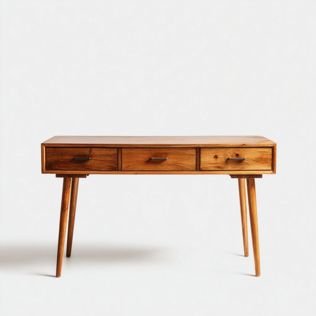 Bureau rectangulaire en bois massif brun à trois tiroirs avec poignées en métal noir