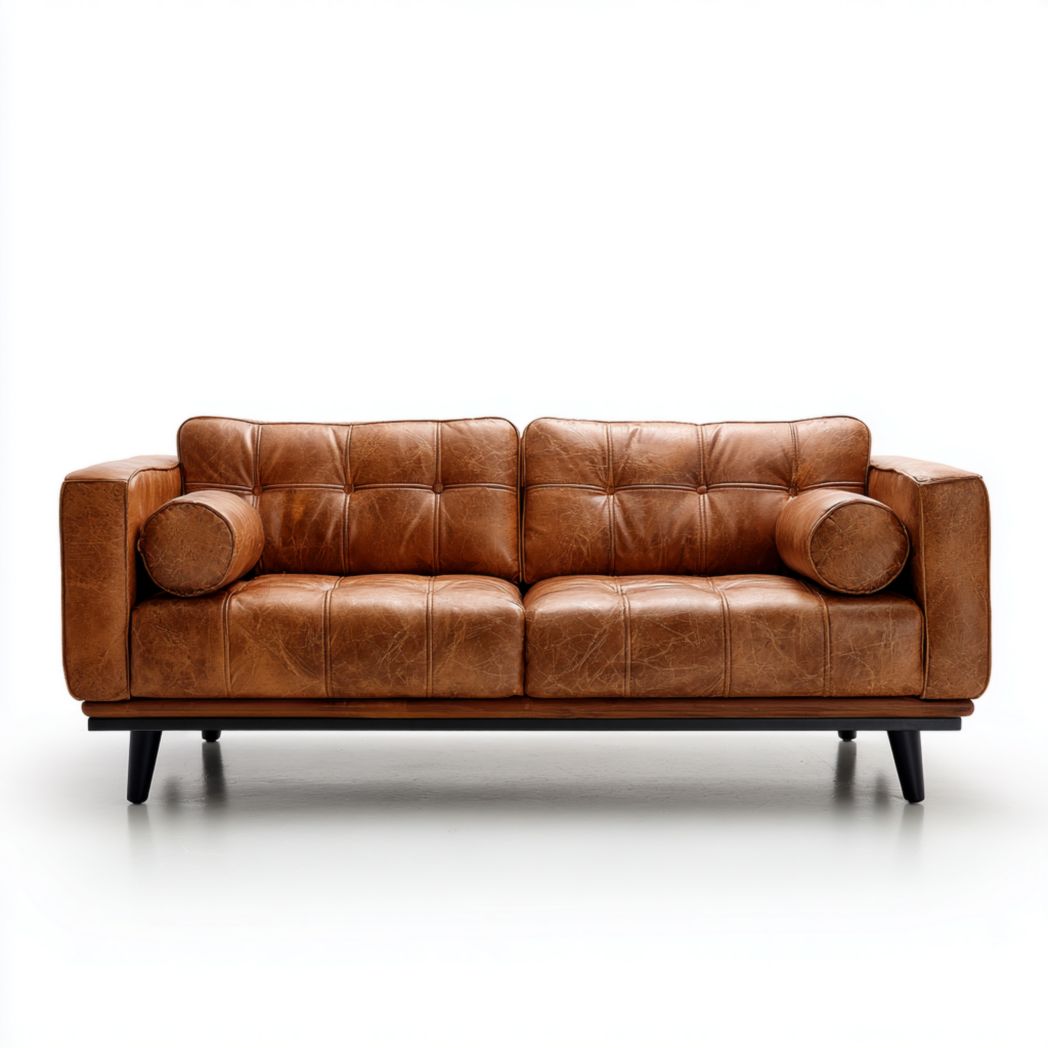 Canapé 3 places en cuir brun avec 2 coussins cylindriques et base en bois brun foncé