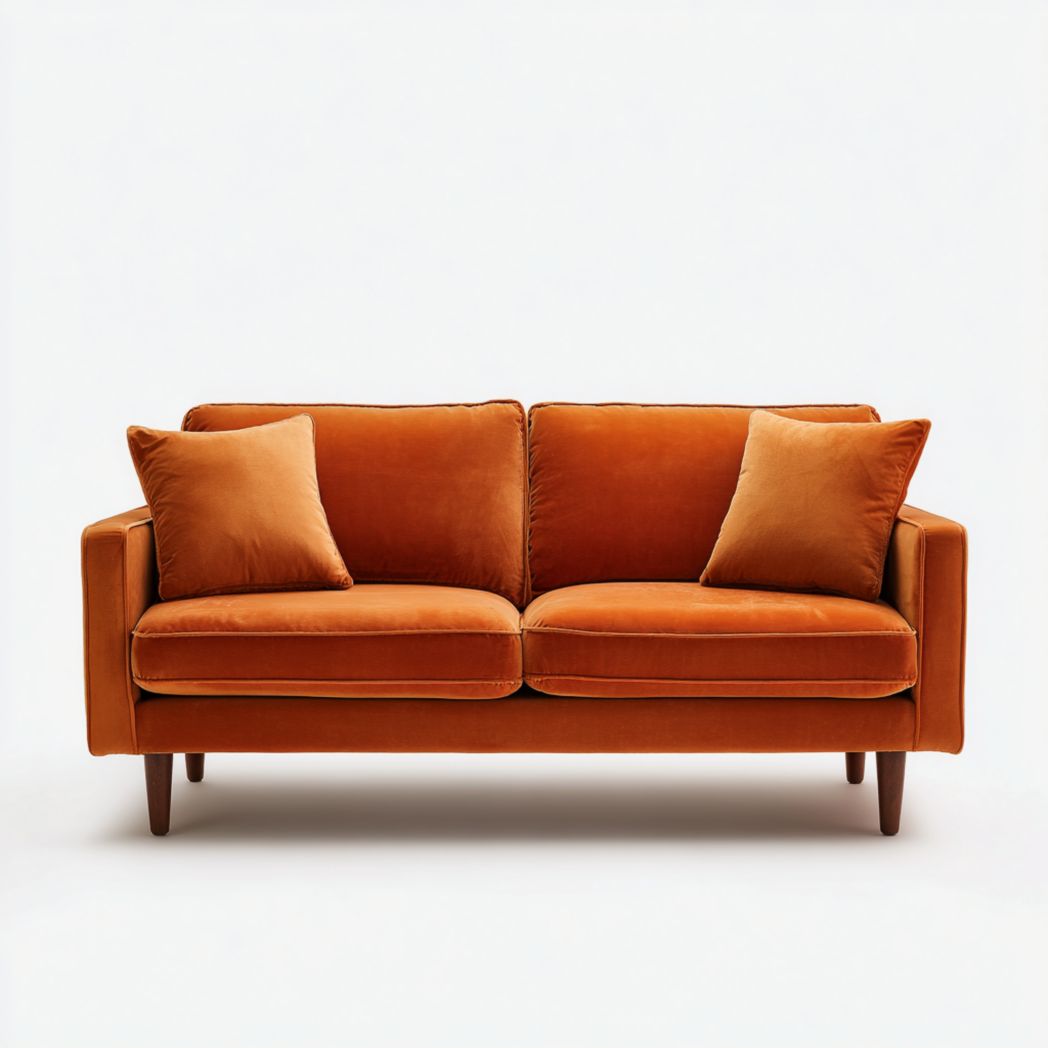 Canapé 2 places en velours orange, structure en bois et pieds coniques en bois massif, avec deux coussins orange