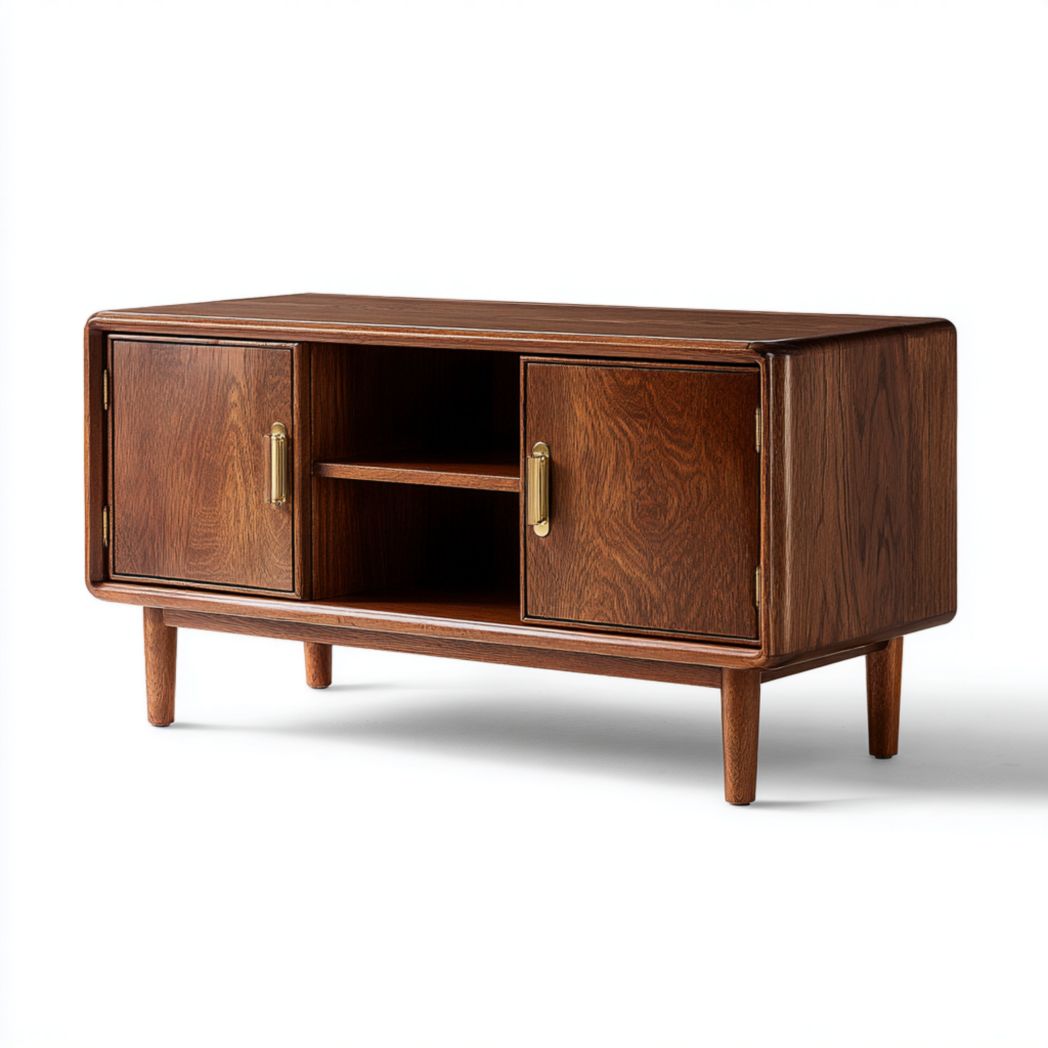 Meuble TV long marron foncé, structure en bois massif avec coins arrondis et poignées en métal