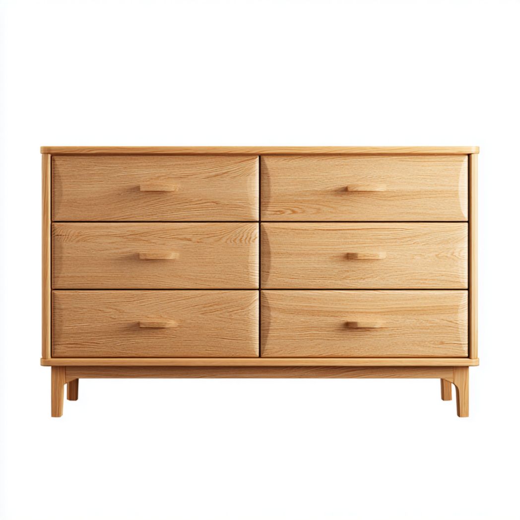Commode à six tiroirs en bois avec structure brun clair et poignées en relief