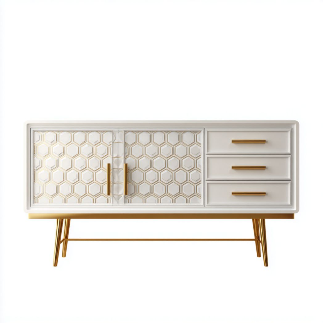 Buffet blanc en nid d'abeille, pieds et poignées en métal doré, meuble de rangement trois tiroirs et deux portes