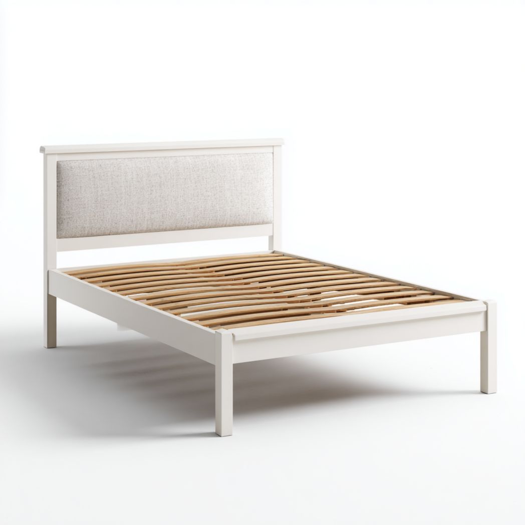 Lit simple en bois massif avec tête de lit rembourrée en tissu, sans matelas