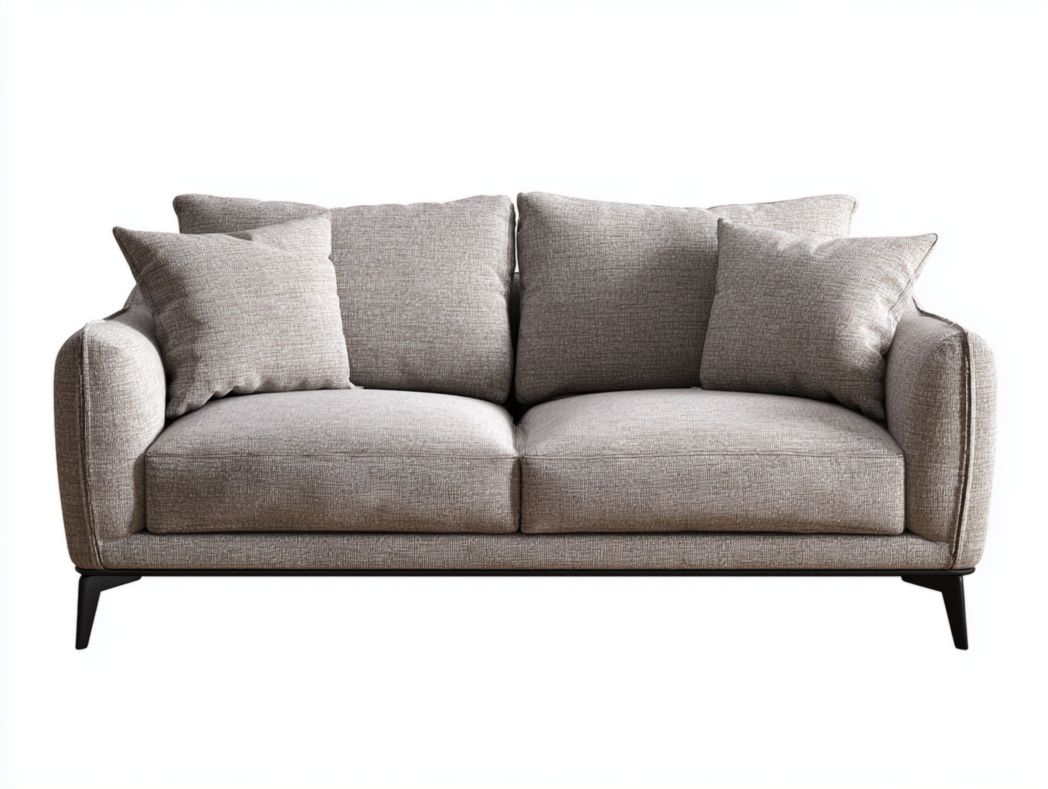 Canapé 2 places en tissu gris beige clair, structure et pieds en métal, avec deux coussins gris beige clair