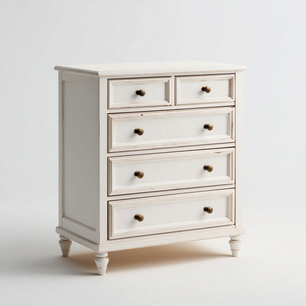 Commode à cinq tiroirs en bois avec structure blanche et poignées en métal couleur bronze
