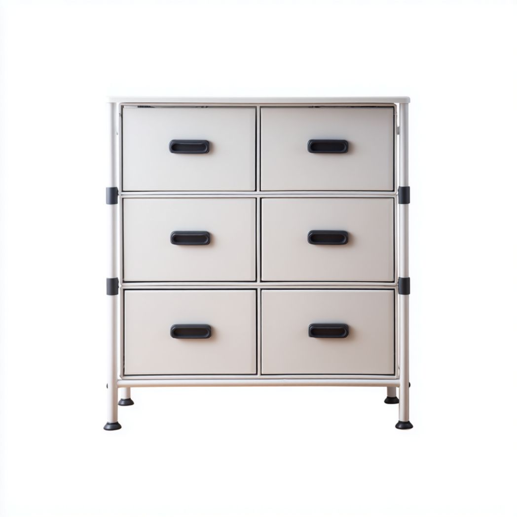 Commode blanche à six tiroirs avec structure métallique, façades beige clair et poignées noires