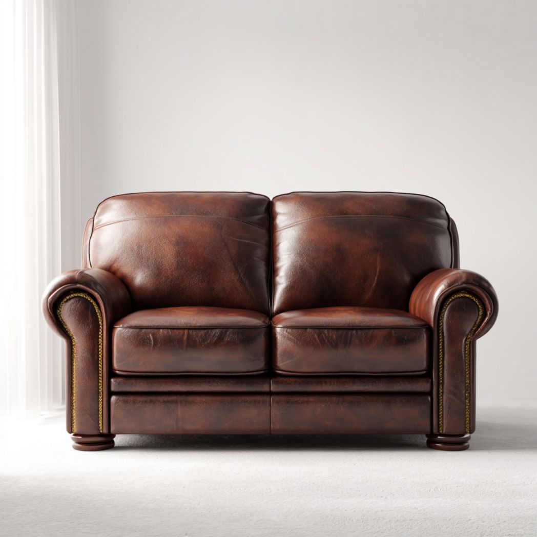 Canapé 2 places en similicuir marron, accoudoirs roulés et assise épaisse