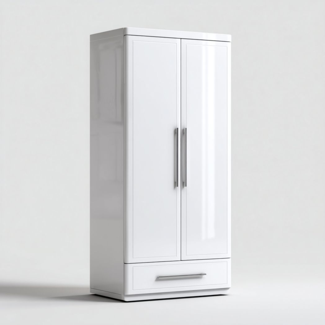 Armoire blanche brillante à deux portes avec poignées métalliques et tiroir inférieur