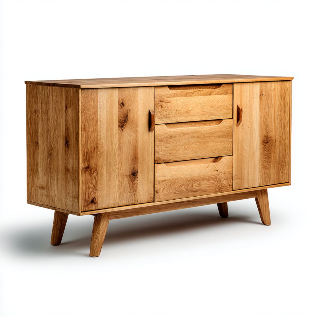 Buffet en chêne massif, meuble de rangement marron clair à deux portes et trois tiroirs