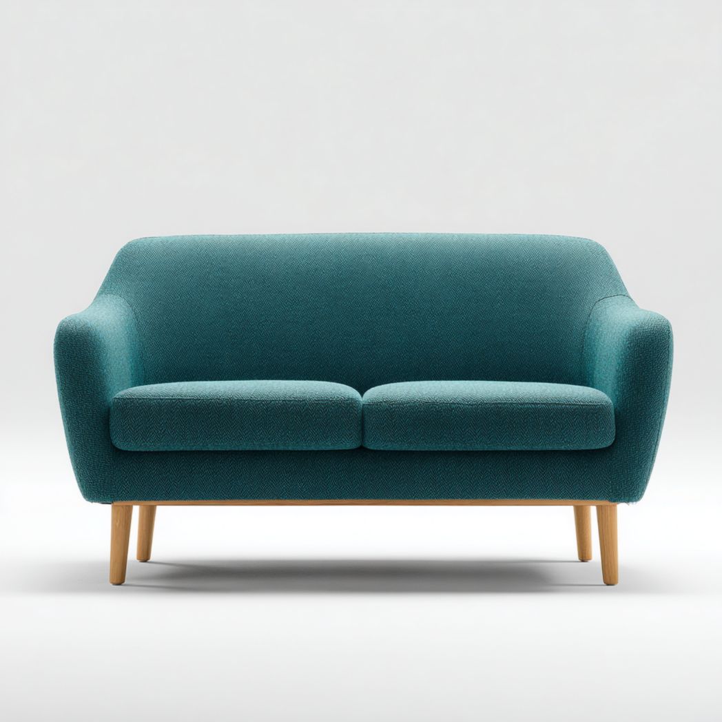 Canapé 2 places en tissu bleu-vert, dossier arrondi et accoudoirs intégrés