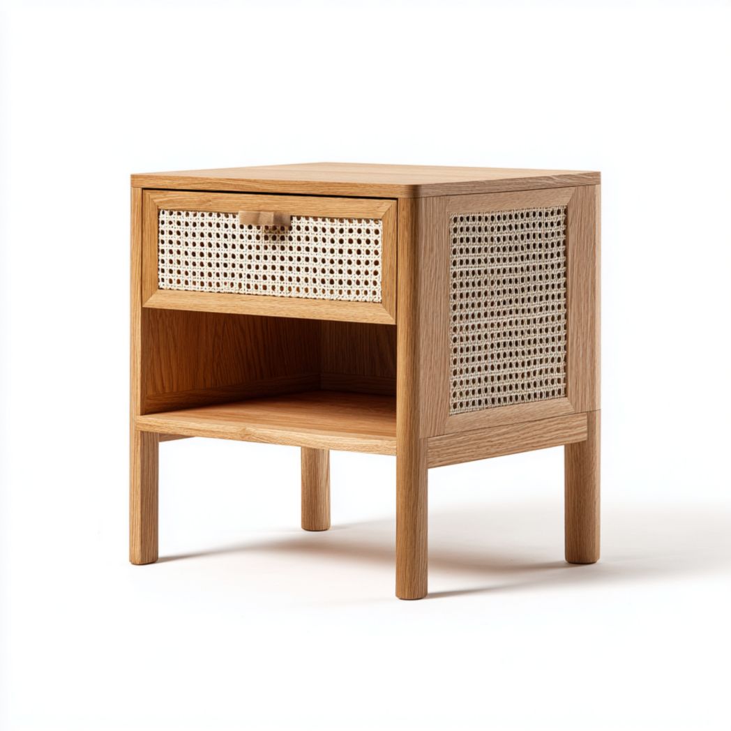Table de chevet en bois brun clair avec tiroir en rotin et compartiment ouvert