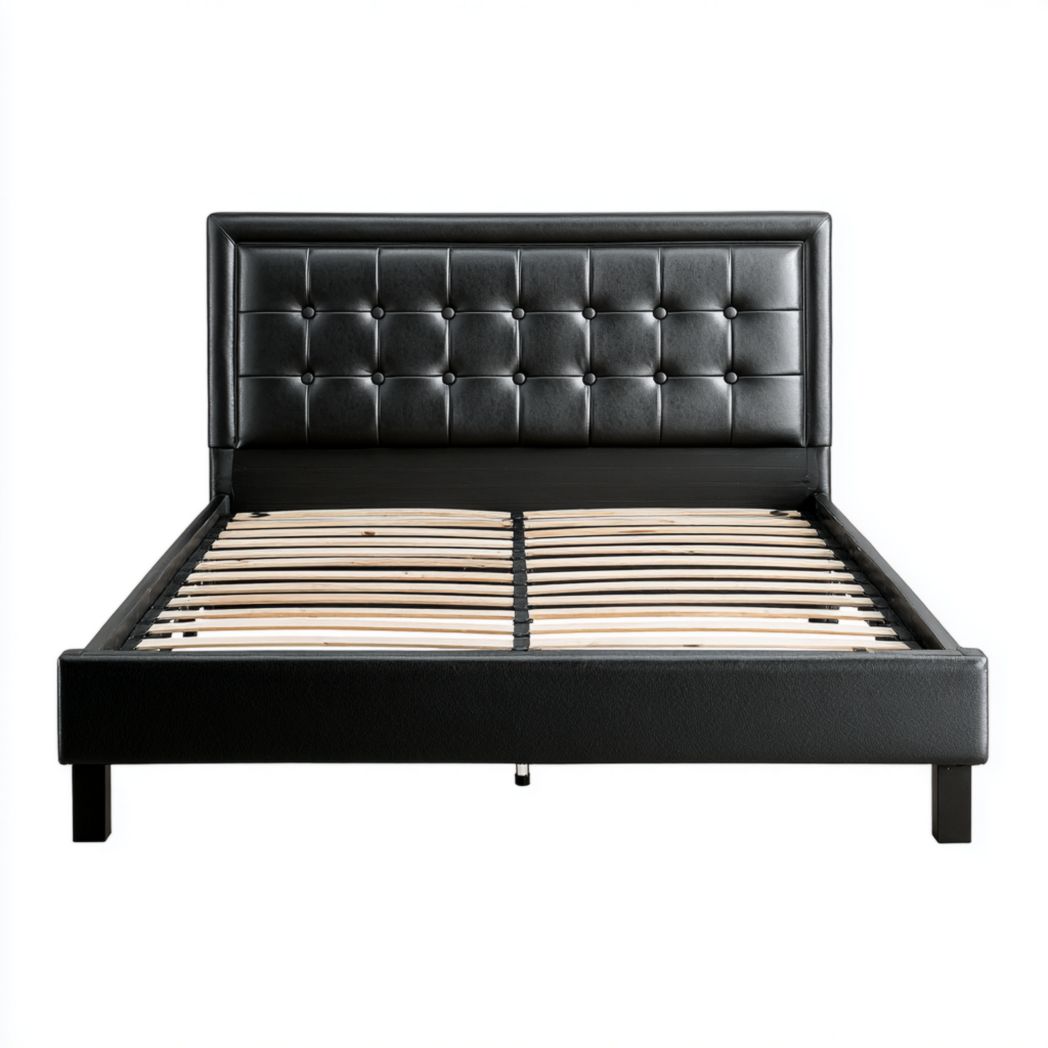 Cadre de lit en similicuir noir avec tête de lit à coutures carrées et lattes en bois marron clair