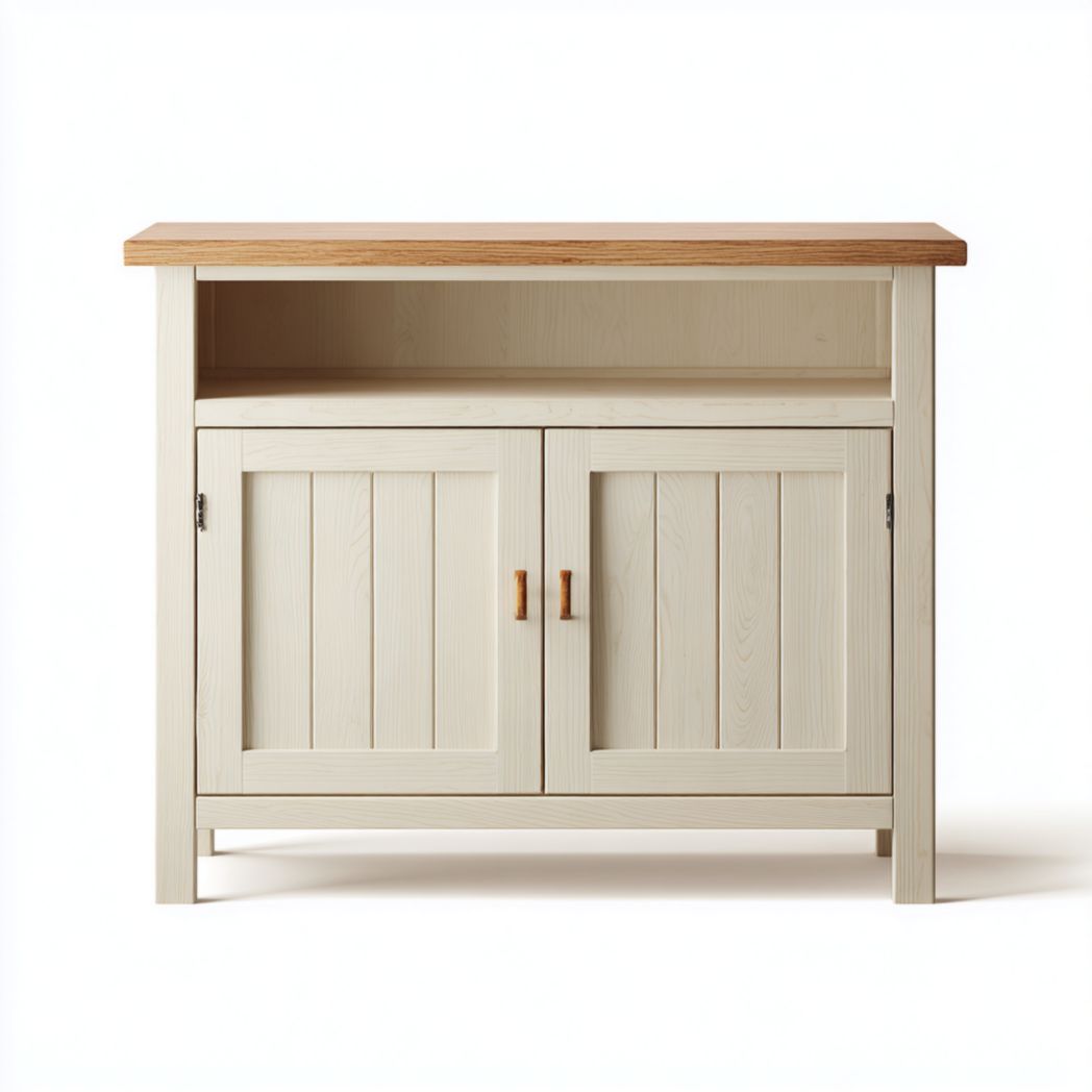 Buffet en bois blanc cassé à plateau en chêne et structure rectangulaire à double porte