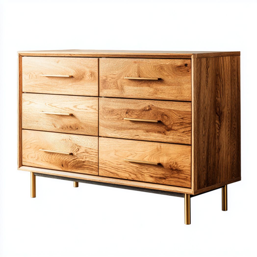 Commode en bois marron clair à six tiroirs avec poignées et pieds en métal doré