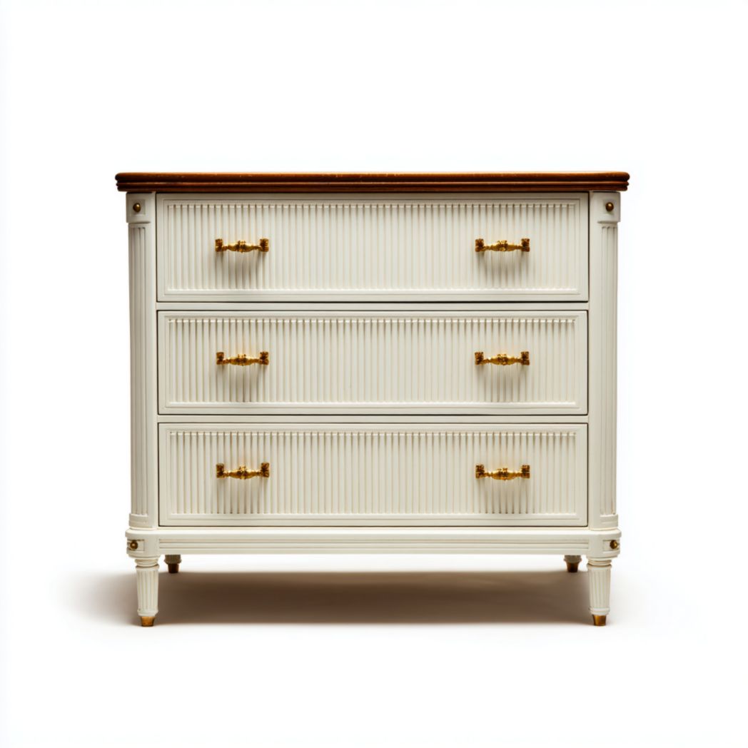 Commode ivoire à trois tiroirs avec plateau brun foncé et poignées dorées en métal