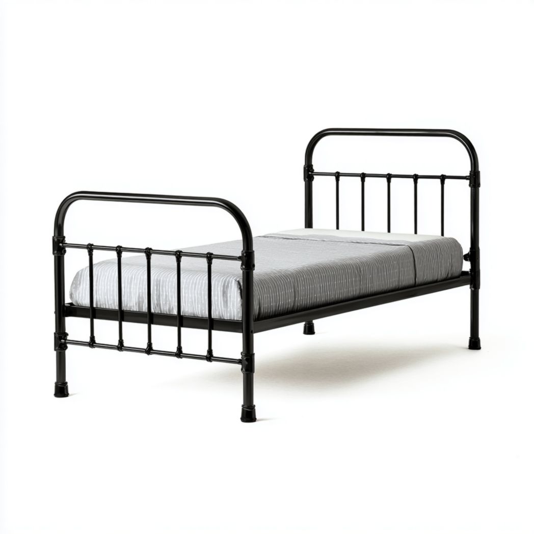 Lit simple en métal avec tête et pied de lit arrondis, livré avec matelas