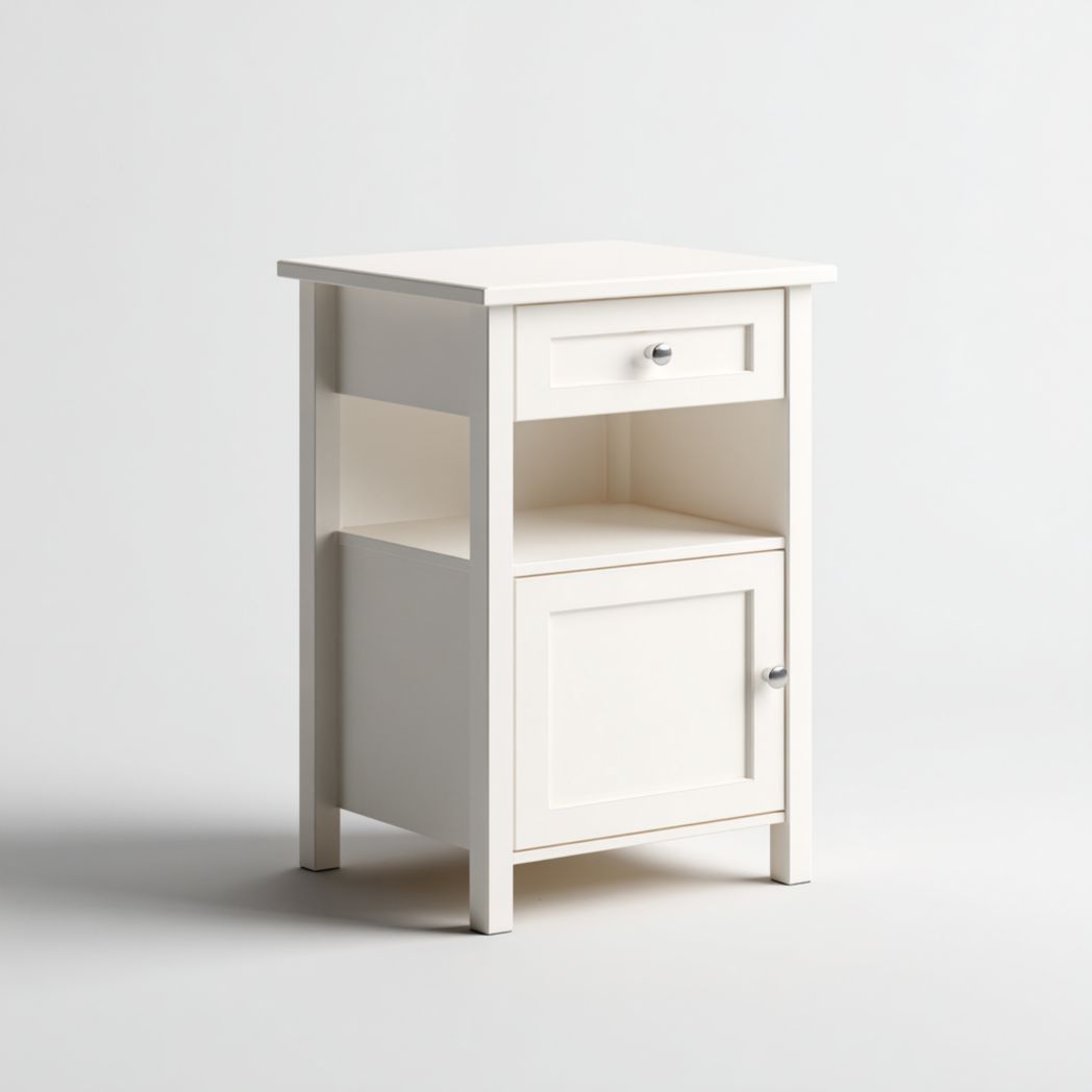 Table de chevet carrée en bois blanc avec tiroir et porte inférieure à poignées métalliques argentées