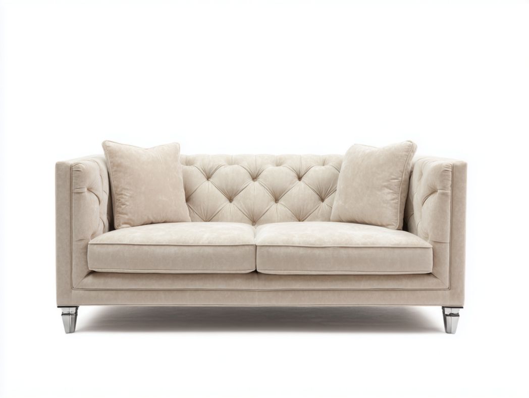 Canapé 2 places en velours beige, pieds en métal et dossier capitonné, avec deux coussins beige