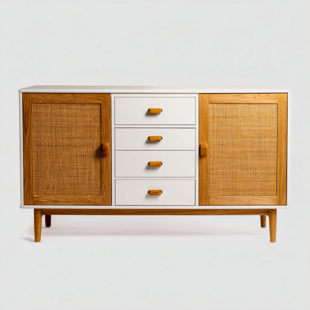 Buffet en rotin blanc, armoire de rangement à double porte et quatre tiroirs avec cadre en bois massif