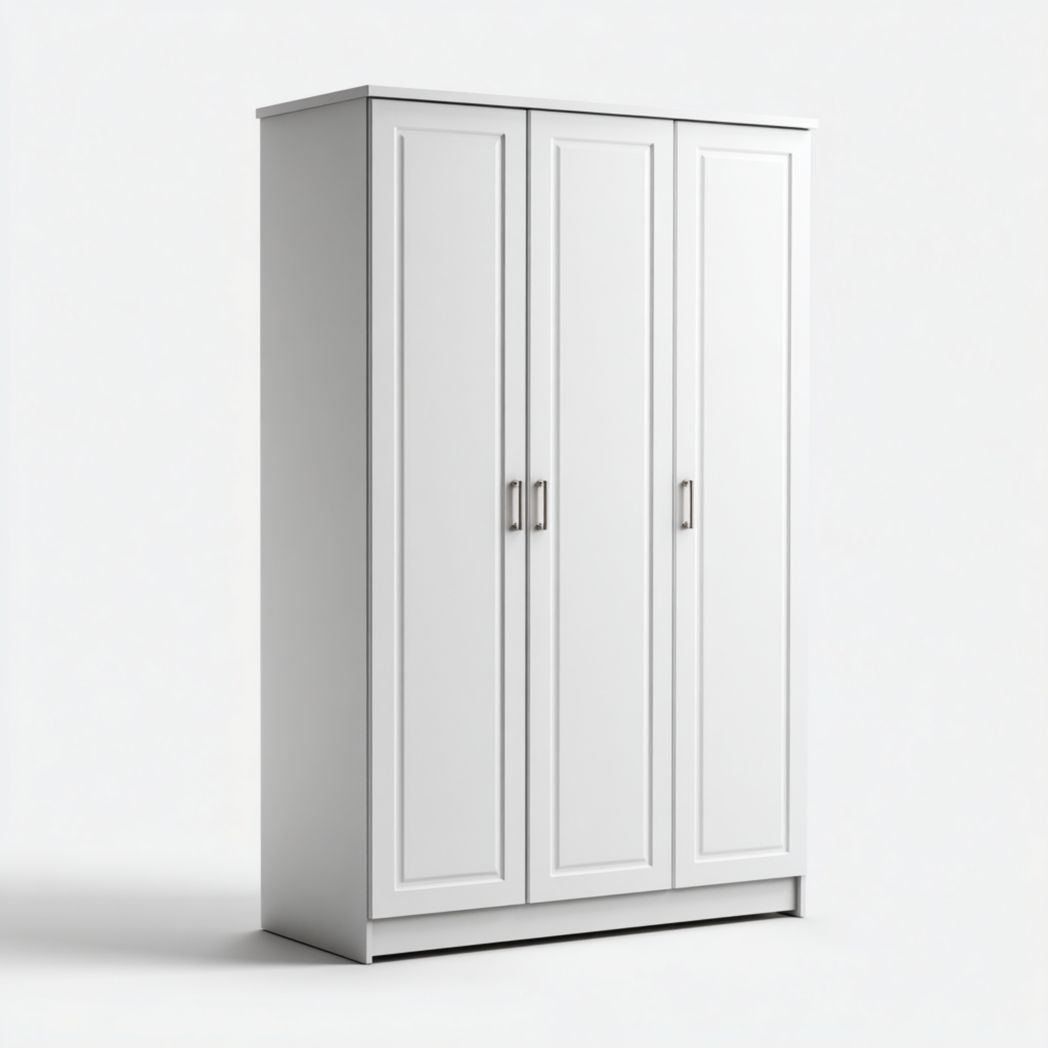 Armoire blanche à trois portes en MDF avec lignes droites et poignées métalliques