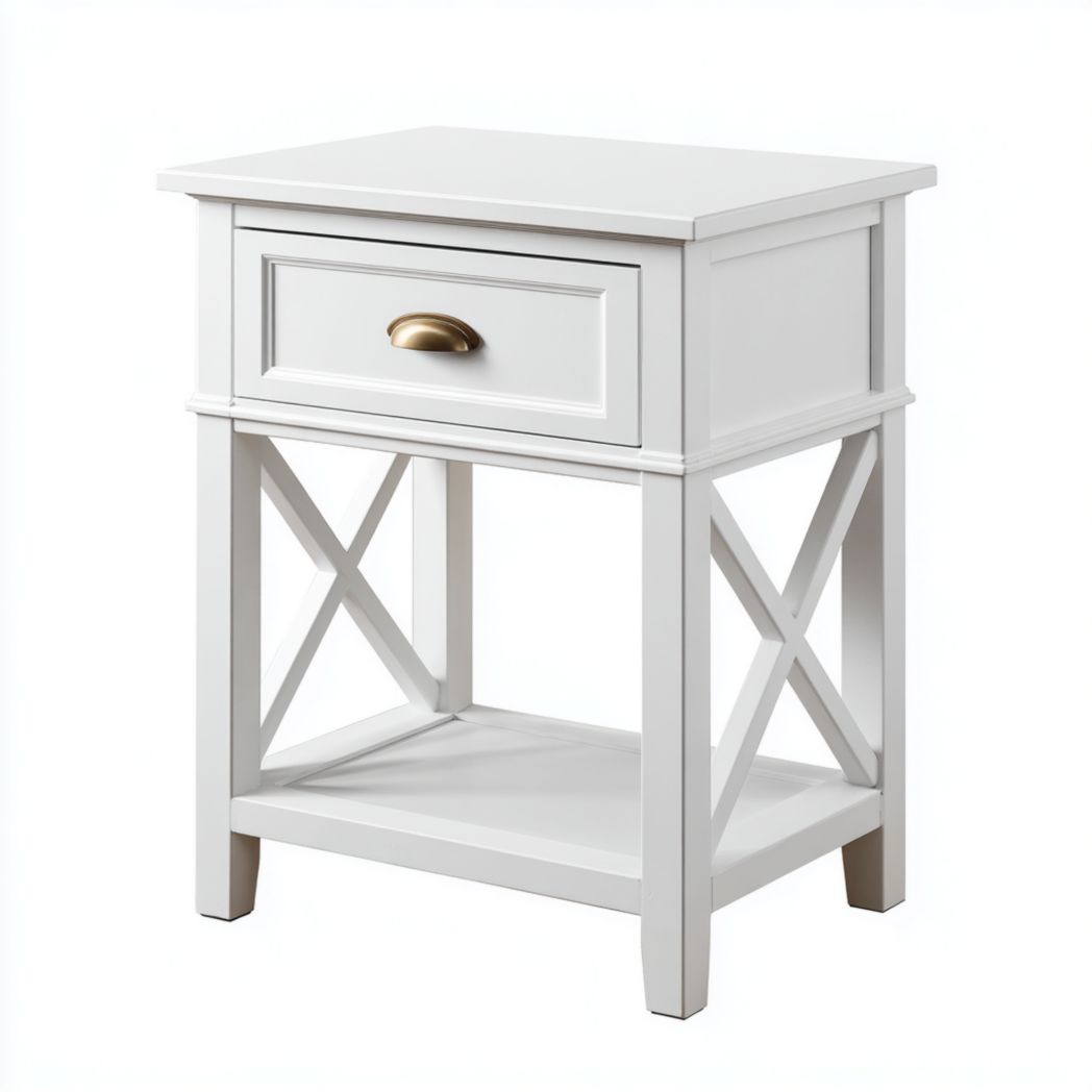 Table de chevet en bois blanc avec tiroir unique, structure croisée et poignée métallique dorée