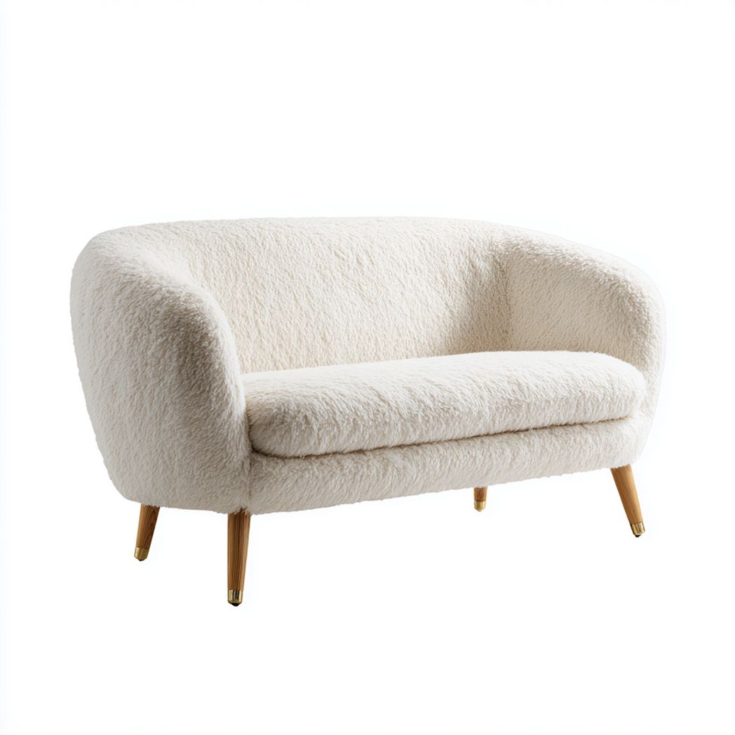 Canapé 2 places en tissu bouclette blanc cassé, dossier arrondi et pieds en bois clair à embouts dorés