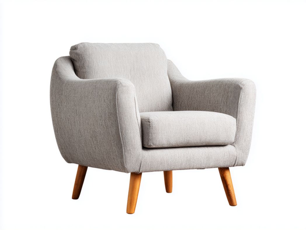 Fauteuil rond en tissu gris clair avec pieds en bois massif