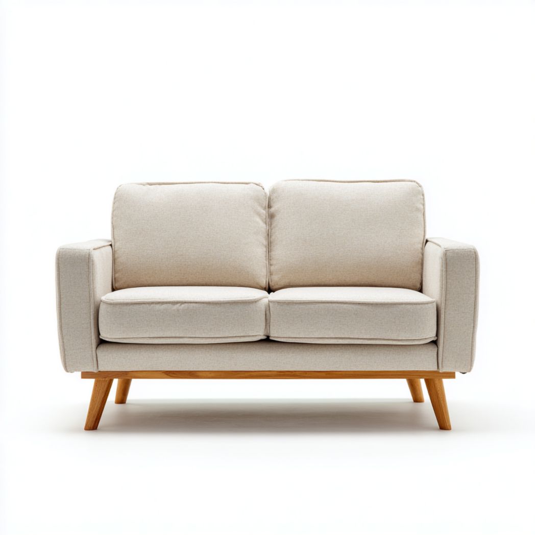 Canapé 2 places en tissu beige clair, structure en bois et pieds inclinés