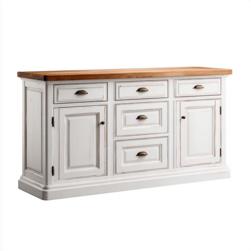 Buffet blanc antique en bois massif avec plateau en chêne, deux portes et cinq tiroirs