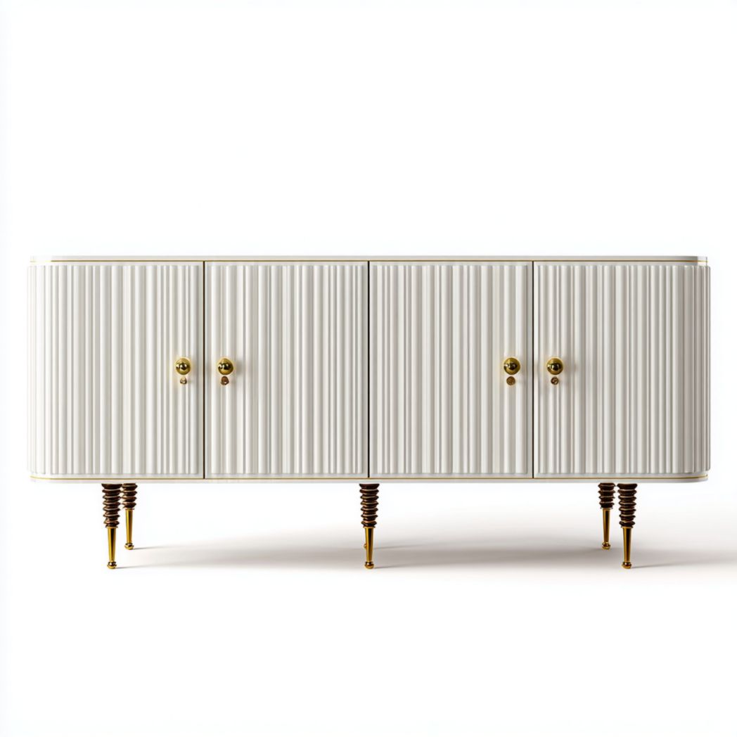 Buffet blanc à reliefs verticaux avec coins arrondis et pieds dorés, quatre portes
