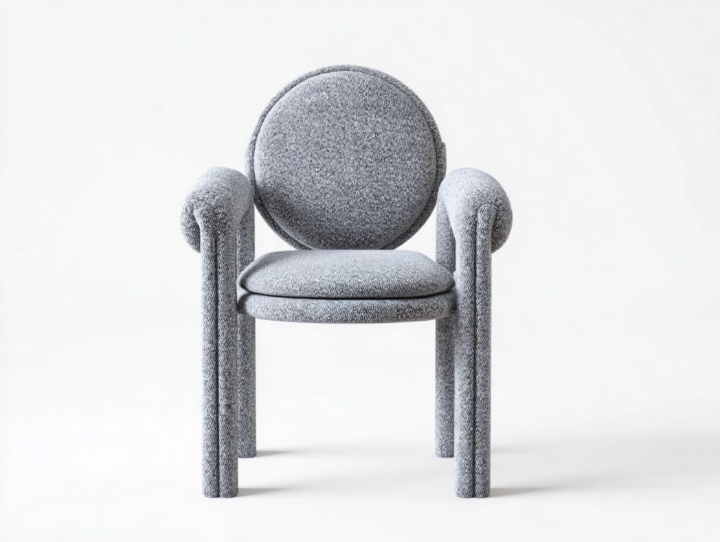 Fauteuil gris clair à dossier rond et design monobloc rembourré